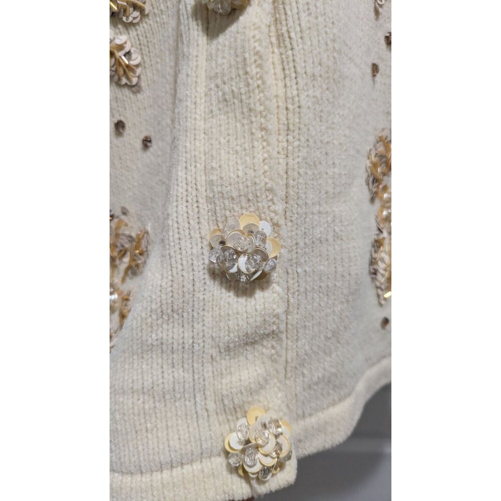 VTG J Two New York Womens Cardigan XXL Cream Faux Fur Collar Sequins Snowflakes - Picture 10 of 13